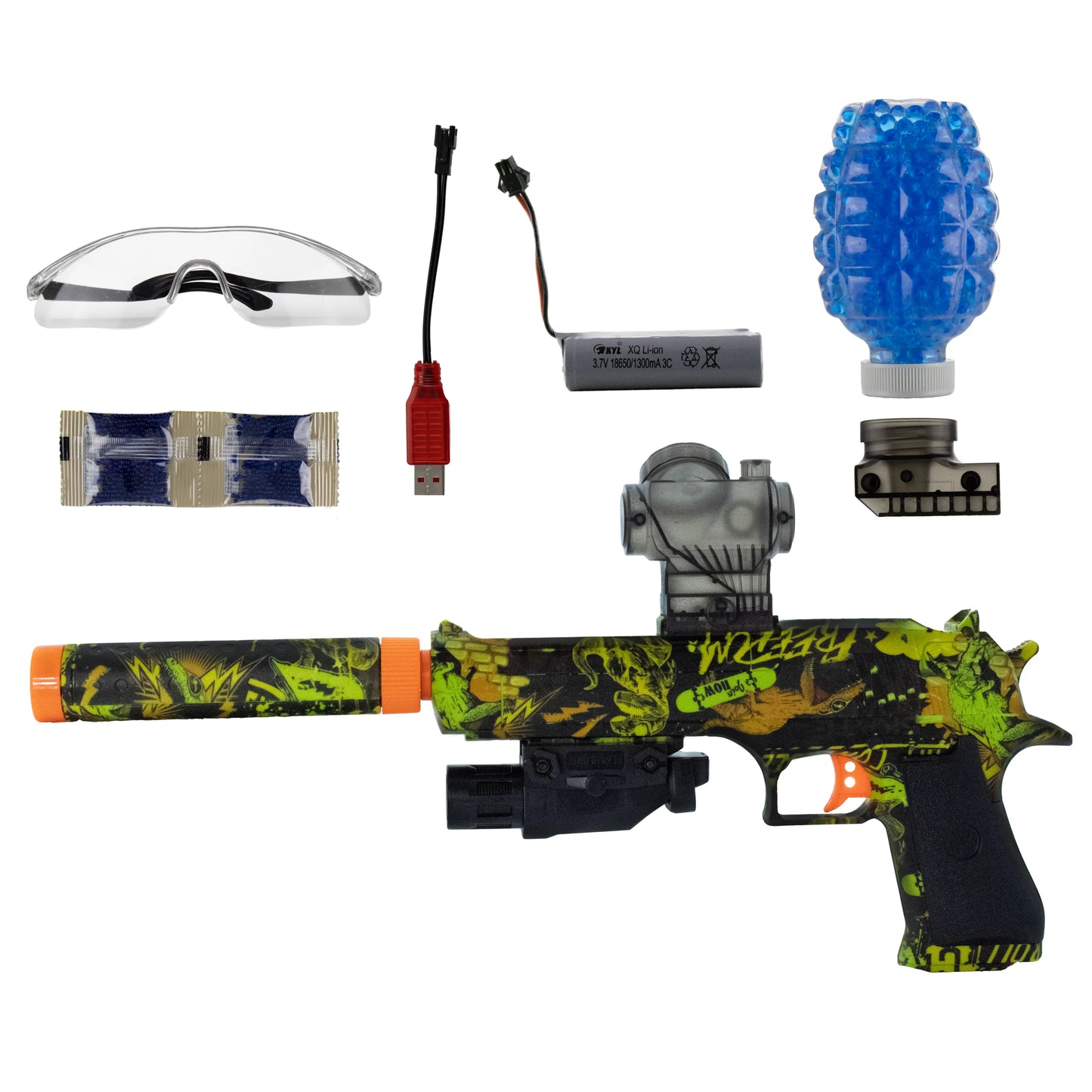 orb-blasters.nl, desert eagle, gel blasters, orbeez gun, gel wapens, zwart, groen met accessoires 