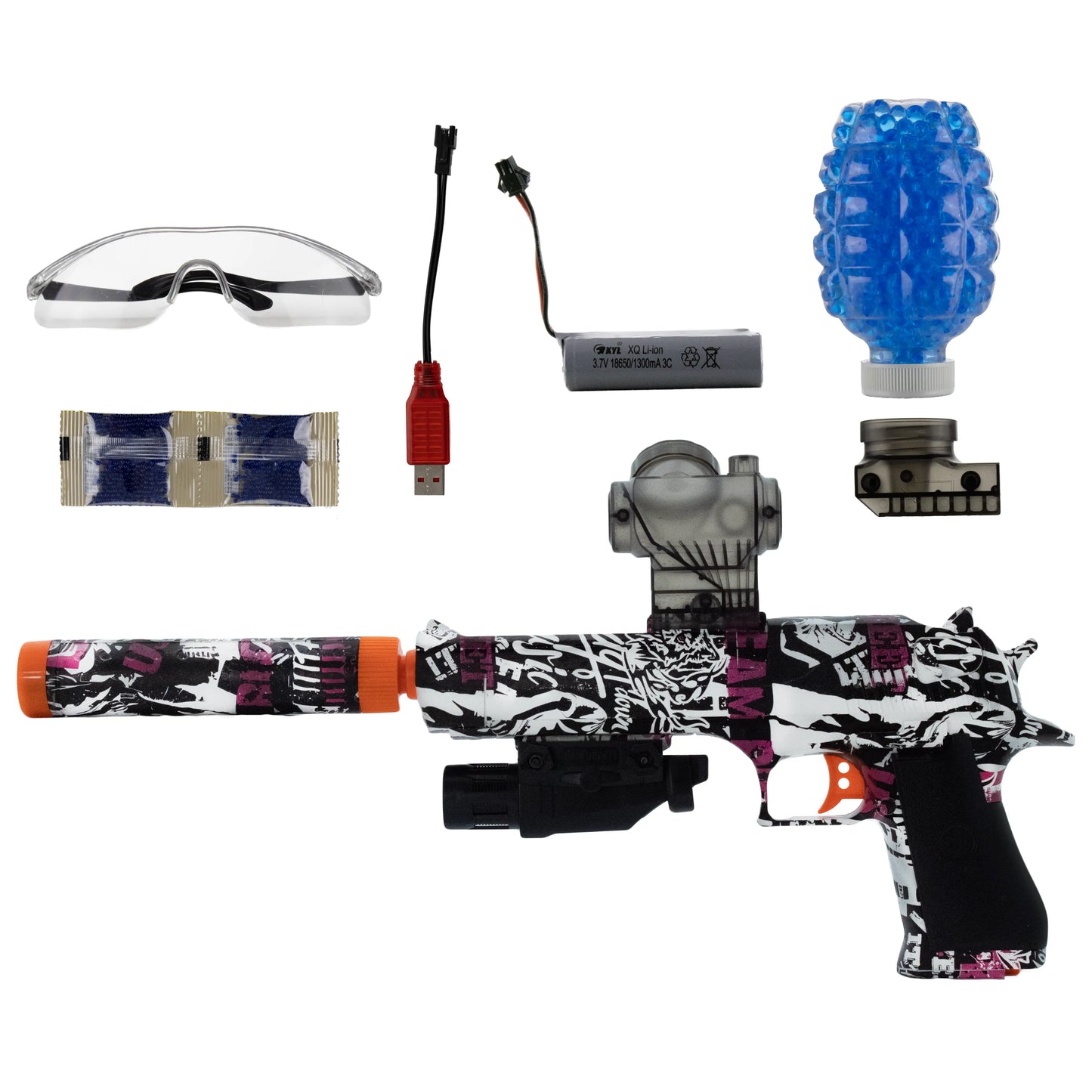 www.orb-blasters.nl Desert eagle, Gel blaster, orbeez gun, gel wapens, Zwart Wit Rood met accessoires 