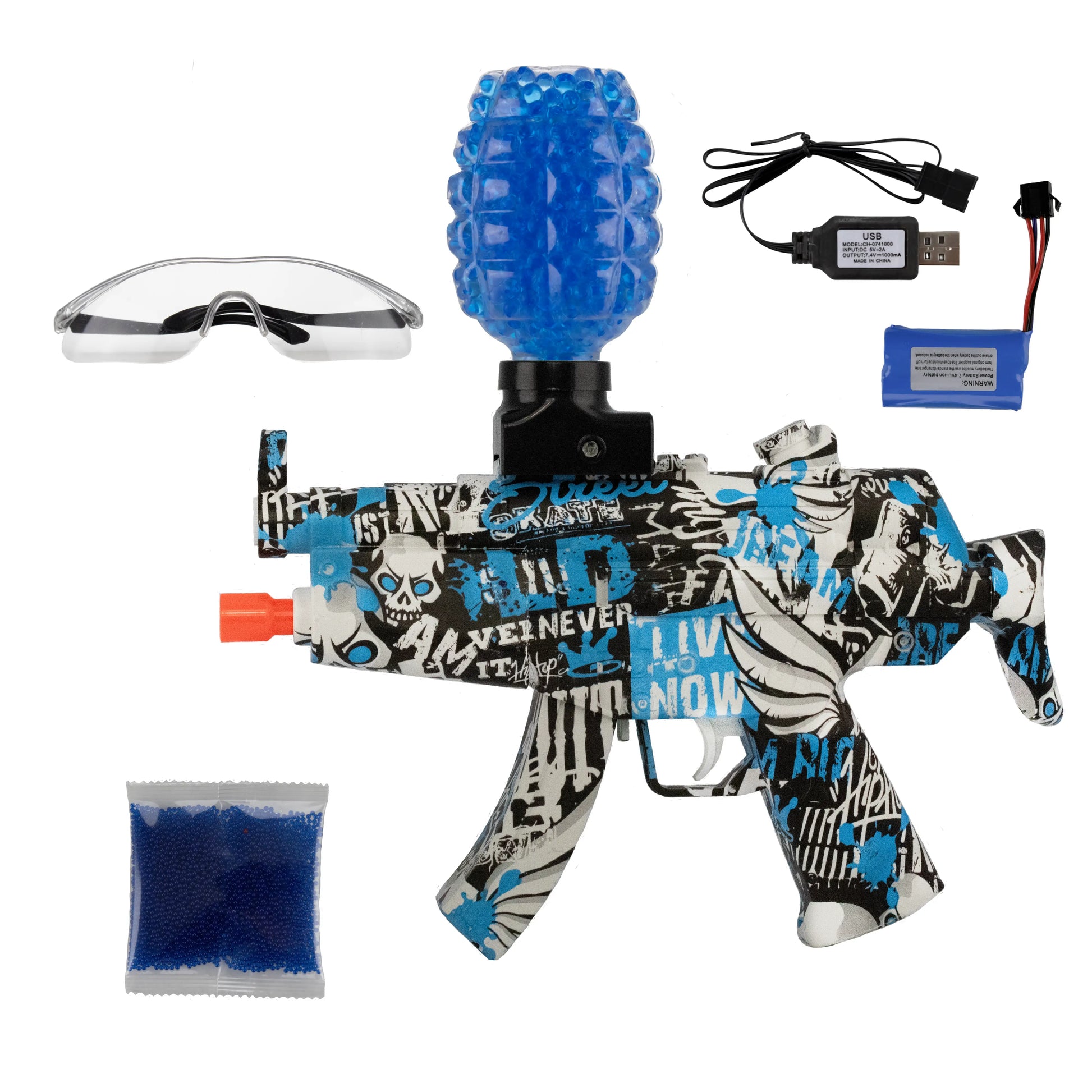 www.orb-blasters.nl MP5, Gel blaster, orbeez gun, gel wapens, Zwart Wit Blauw met accessoires 