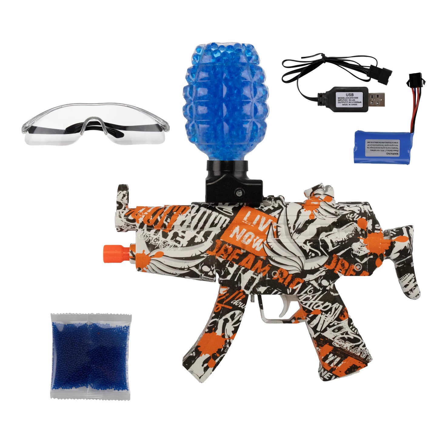 www.orb-blasters.nl MP5, Gel blaster, orbeez gun, gel wapens, Zwart Wit Oranje met accessoires 